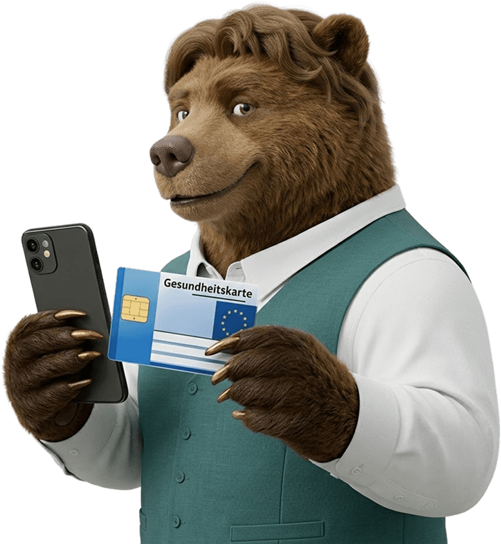 Bär mit Smartphone und Gesundheitskarte